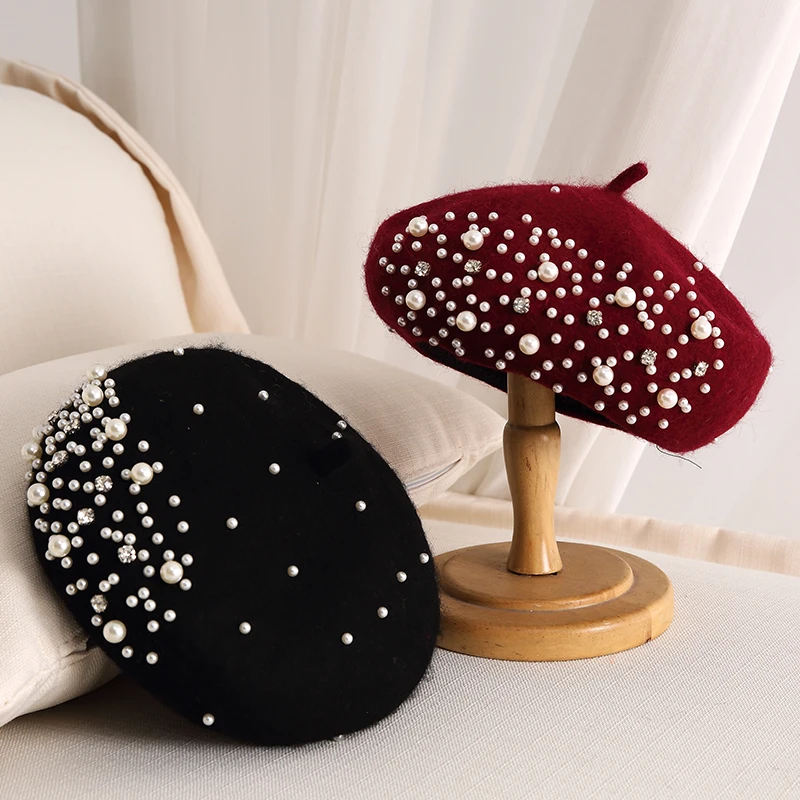 Beret French Wool - Женский шерстяной берет с бусинами, однотонный