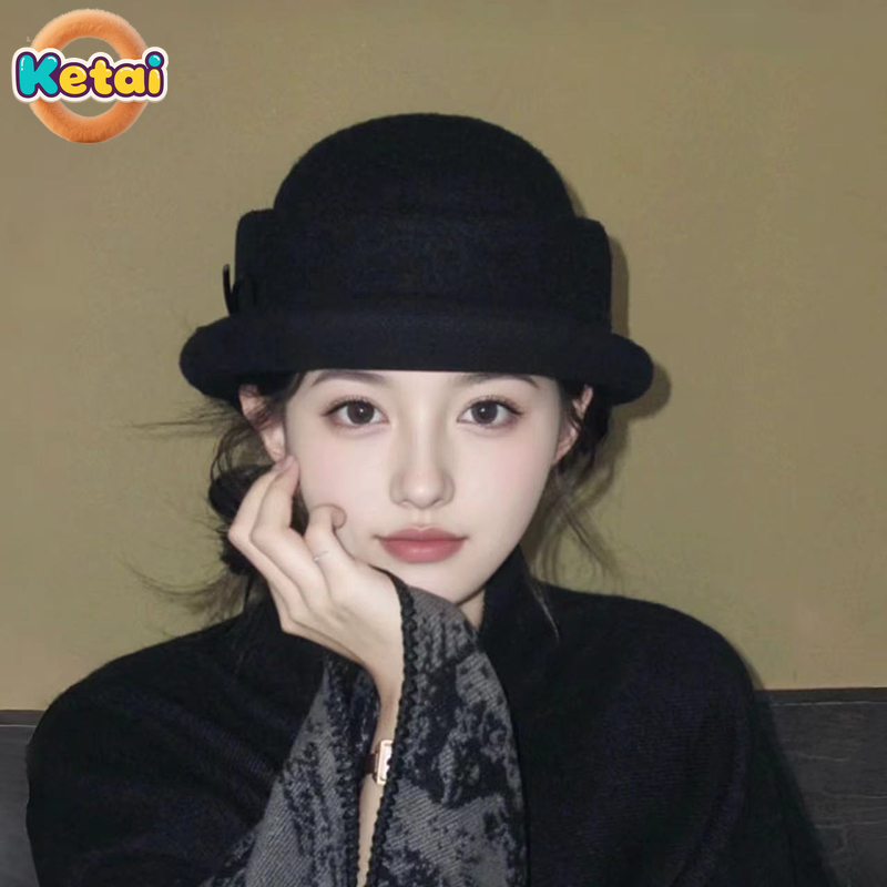 Beret French Wool - Черный шерстяной цилиндр, берет, женская новая